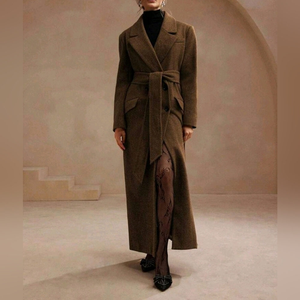 New Luxe Double Breasted Tie Waist Maxi Coat Brown